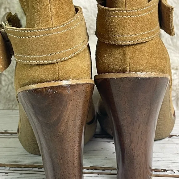CLEANED 7.5 Michael Kors Derby Shearling Suede Camel Knee High Heel Boots