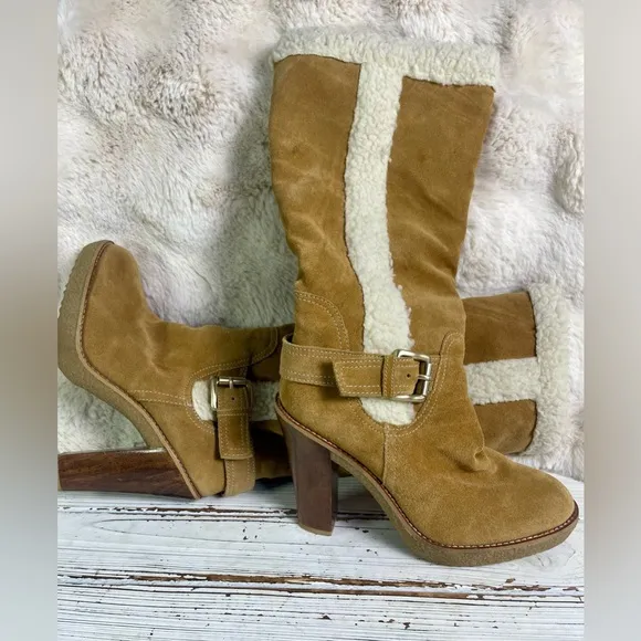CLEANED 7.5 Michael Kors Derby Shearling Suede Camel Knee High Heel Boots
