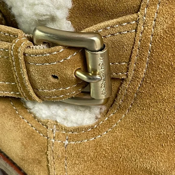 CLEANED 7.5 Michael Kors Derby Shearling Suede Camel Knee High Heel Boots