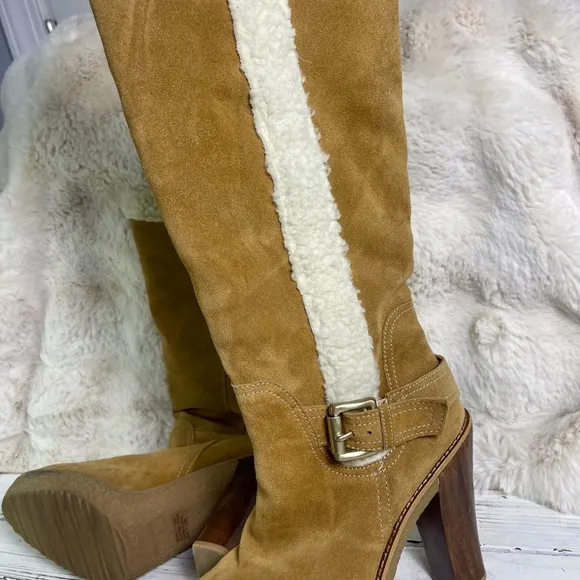CLEANED 7.5 Michael Kors Derby Shearling Suede Camel Knee High Heel Boots