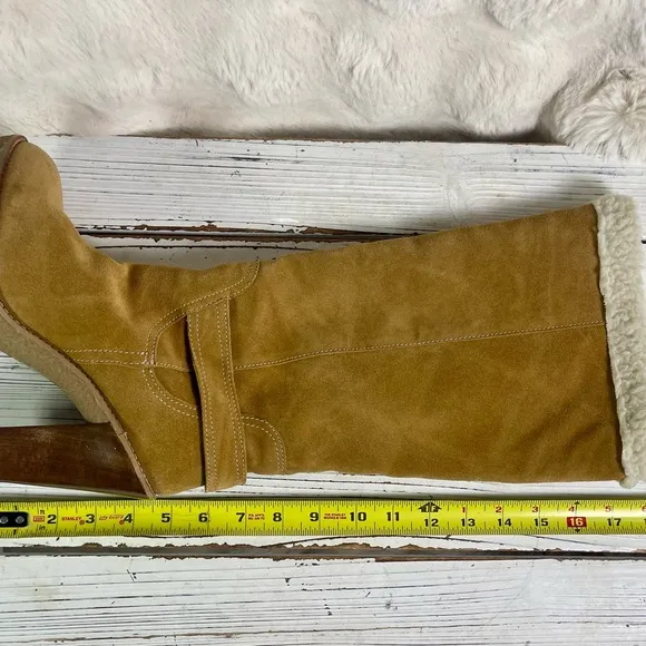 CLEANED 7.5 Michael Kors Derby Shearling Suede Camel Knee High Heel Boots