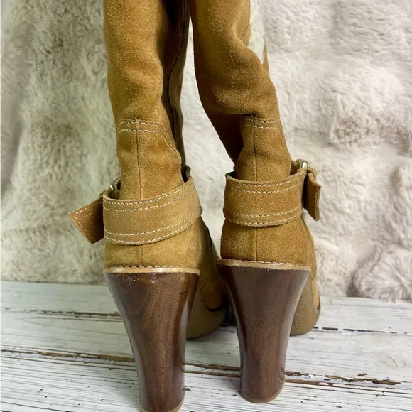 CLEANED 7.5 Michael Kors Derby Shearling Suede Camel Knee High Heel Boots