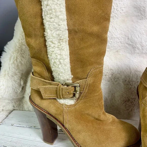 CLEANED 7.5 Michael Kors Derby Shearling Suede Camel Knee High Heel Boots