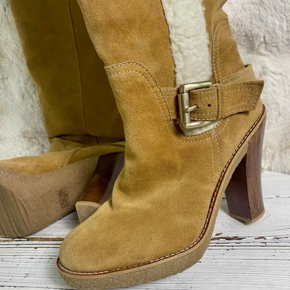 CLEANED 7.5 Michael Kors Derby Shearling Suede Camel Knee High Heel Boots