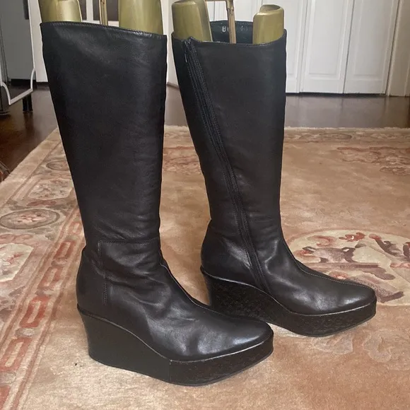 Clone Bruno Bordese Knee High Platform Wedge Black Leather Boots Made in Italy