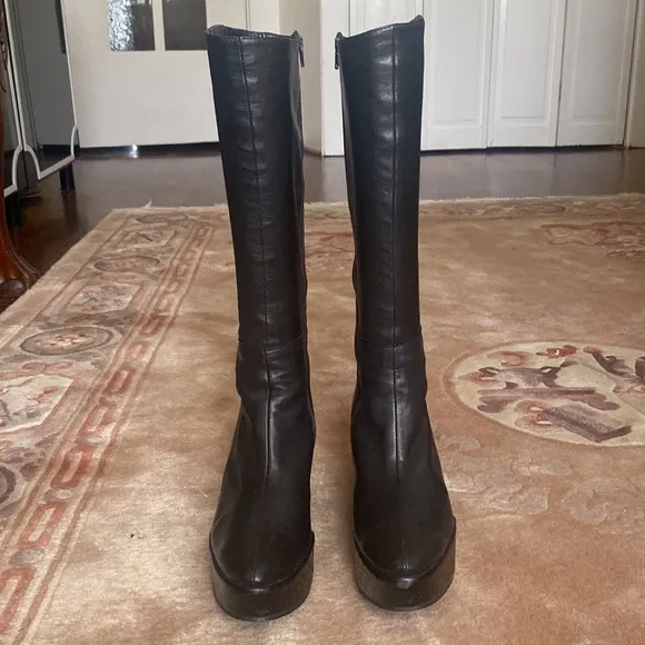 Clone Bruno Bordese Knee High Platform Wedge Black Leather Boots Made in Italy