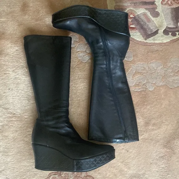 Clone Bruno Bordese Knee High Platform Wedge Black Leather Boots Made in Italy