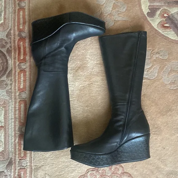Clone Bruno Bordese Knee High Platform Wedge Black Leather Boots Made in Italy
