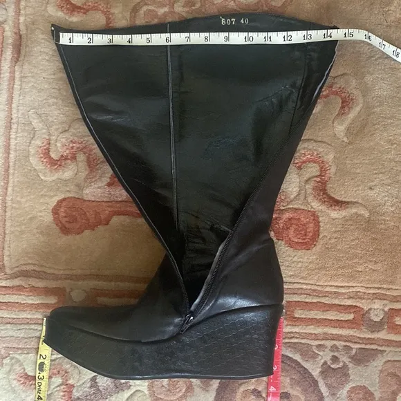 Clone Bruno Bordese Knee High Platform Wedge Black Leather Boots Made in Italy