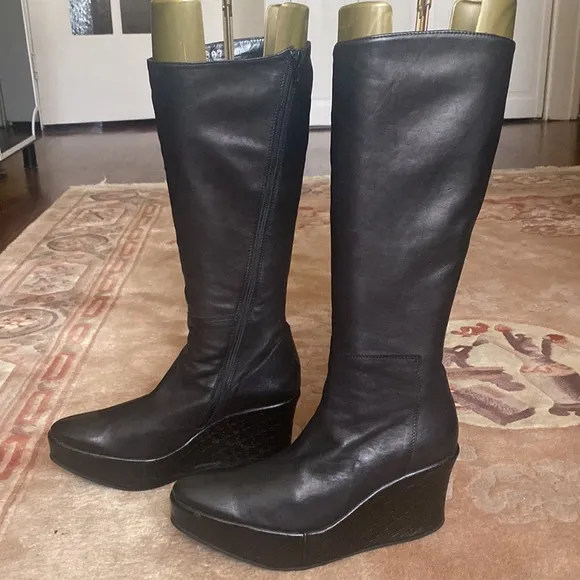Clone Bruno Bordese Knee High Platform Wedge Black Leather Boots Made in Italy