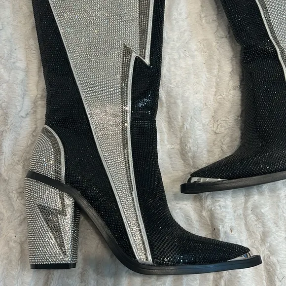 Club Exx Black and Silver rhinestone lightning bolt Women's heeled Boots tall 8
