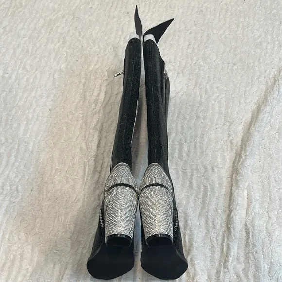 Club Exx Black and Silver rhinestone lightning bolt Women's heeled Boots tall 8