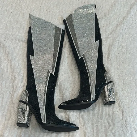 Club Exx Black and Silver rhinestone lightning bolt Women's heeled Boots tall 8