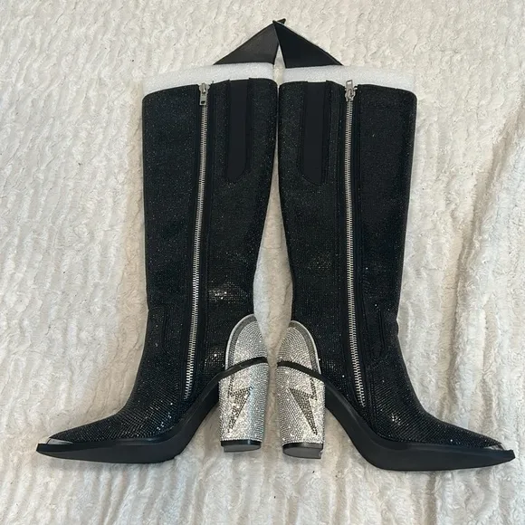 Club Exx Black and Silver rhinestone lightning bolt Women's heeled Boots tall 8