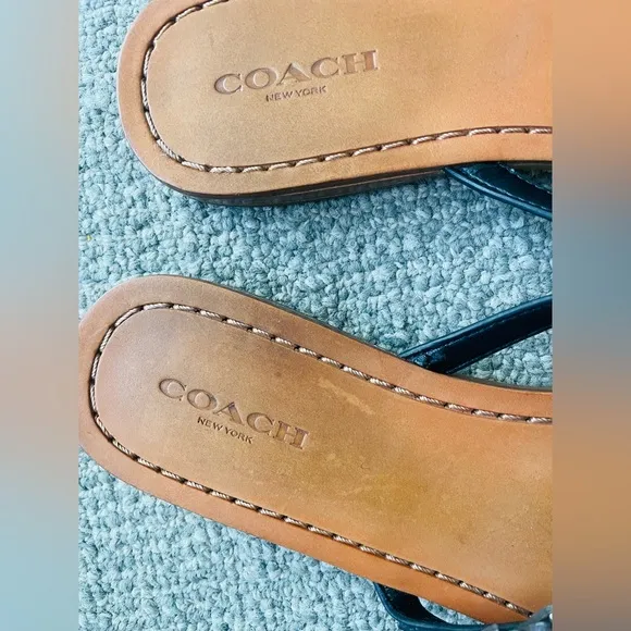 COACH Black Beach Leaf &amp; Stud Leather Flip Flops