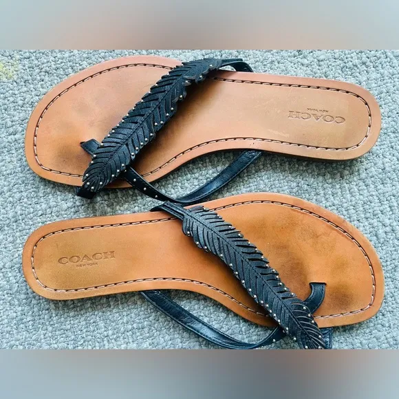 COACH Black Beach Leaf &amp; Stud Leather Flip Flops
