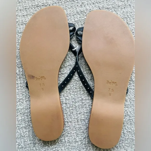 COACH Black Beach Leaf &amp; Stud Leather Flip Flops