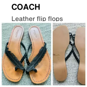 COACH Black Beach Leaf &amp; Stud Leather Flip Flops