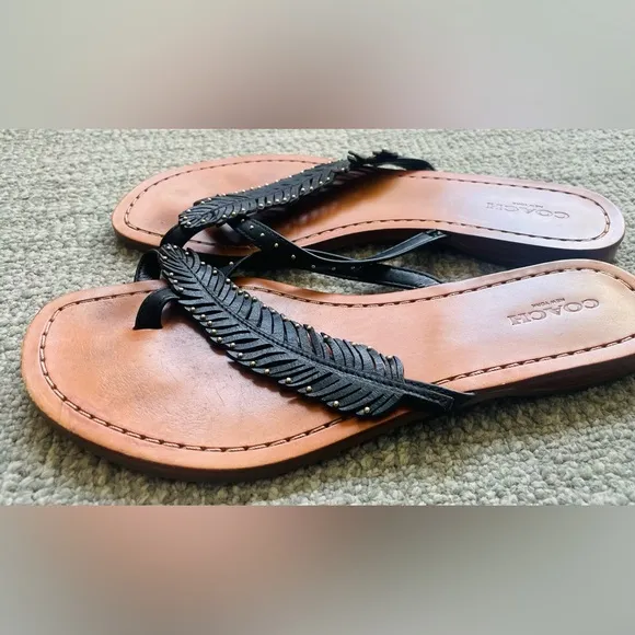 COACH Black Beach Leaf &amp; Stud Leather Flip Flops