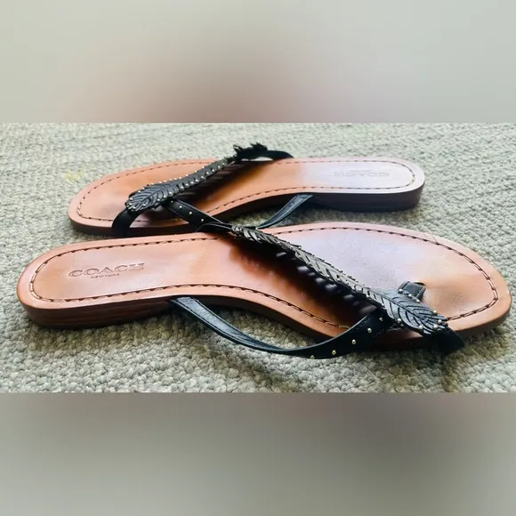 COACH Black Beach Leaf &amp; Stud Leather Flip Flops