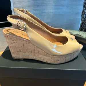 Coach Nude PatentLeather Slingback CorkWedge Sandals Peep Toe Platform Shoe