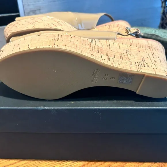 Coach Nude PatentLeather Slingback CorkWedge Sandals Peep Toe Platform Shoe
