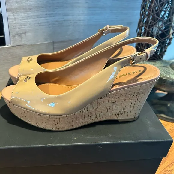 Coach Nude PatentLeather Slingback CorkWedge Sandals Peep Toe Platform Shoe