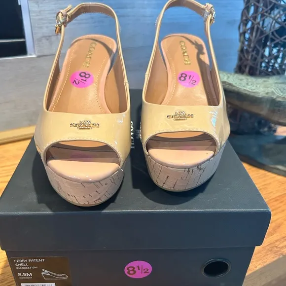 Coach Nude PatentLeather Slingback CorkWedge Sandals Peep Toe Platform Shoe