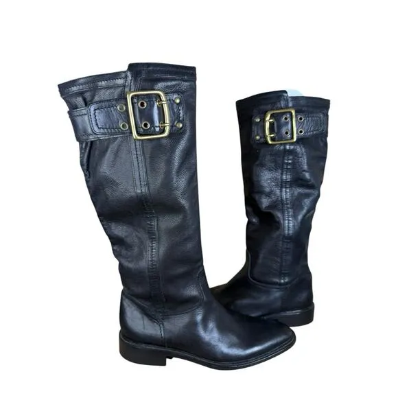 Coach Victoria Black Leather Riding Boots Brass Buckles Size 9B