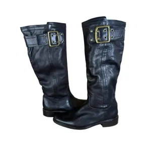 Coach Victoria Black Leather Riding Boots Brass Buckles Size 9B