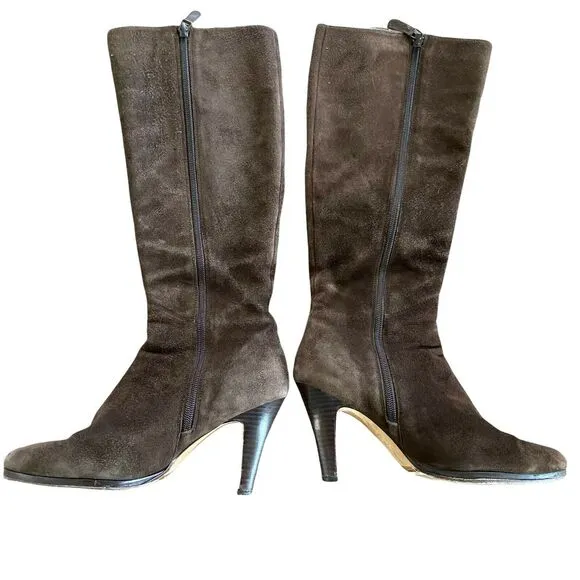 Cole Haan Boots Heels Aliya D25925 Brown Suede Knee High Almond Toe Size 7.5 B