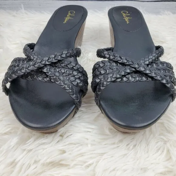Cole Haan Women's Black Leather Slide Mules Platform Sandals Sz MUST READ!