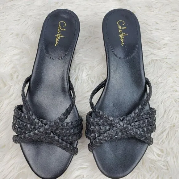 Cole Haan Women's Black Leather Slide Mules Platform Sandals Sz MUST READ!