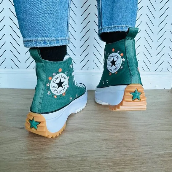 ⭐Converse Run Star Hike Hi Sz 7.5 Women Shoes Embroidered Flowers Green A11562C