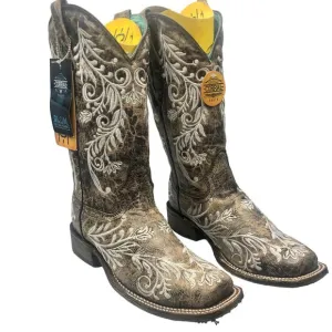 Corral Boots Womens Embroidery Flowered Knee High Square Toe Boots Brown 9.5 M