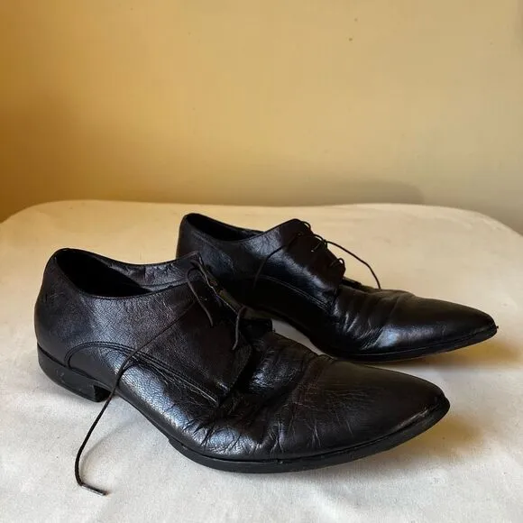 Costume National Black Leather Dress Shoes Lace Up Pointed Toe Mens 7.5