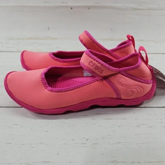 Crocs Duet Busy‎ Day Coral Pink Mary Jane Slip On Shoes Girls J2 Ballet 15352