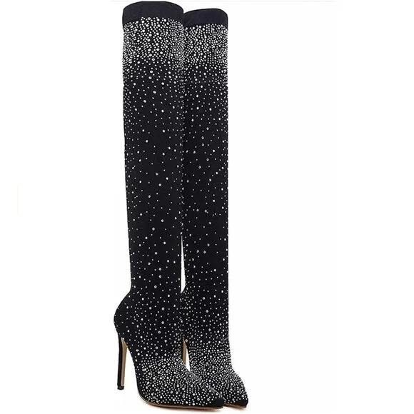 Crystal Rhinestone Bling Stocking Over Knee Boots Thigh High Heeled Sock Boots