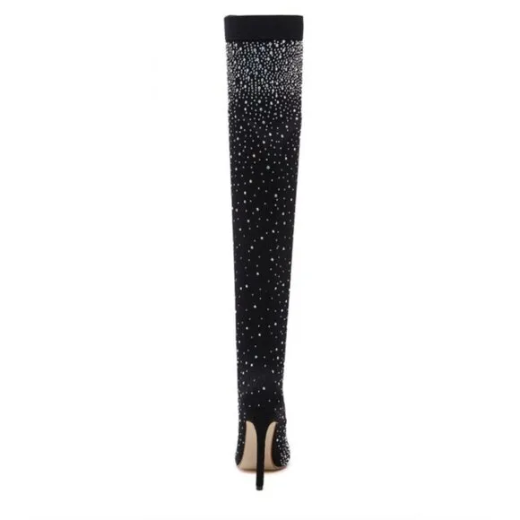Crystal Rhinestone Bling Stocking Over Knee Boots Thigh High Heeled Sock Boots