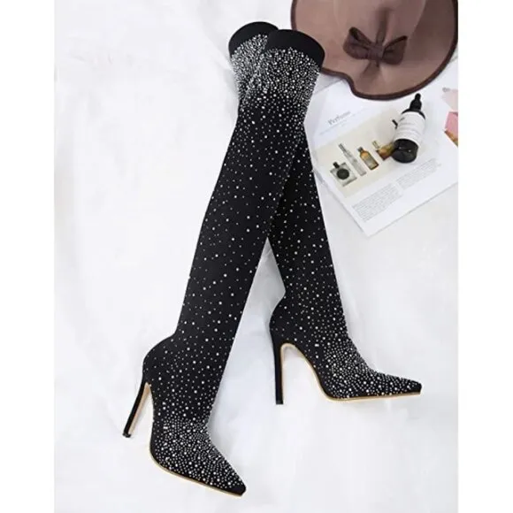 Crystal Rhinestone Bling Stocking Over Knee Boots Thigh High Heeled Sock Boots