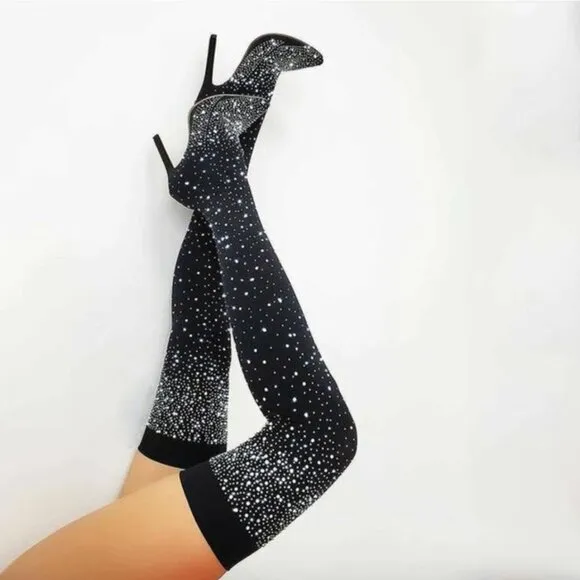 Crystal Rhinestone Bling Stocking Over Knee Boots Thigh High Heeled Sock Boots