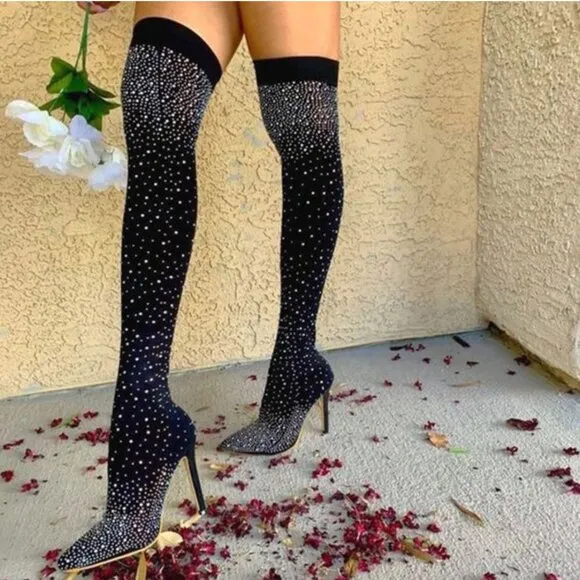 Crystal Rhinestone Bling Stocking Over Knee Boots Thigh High Heeled Sock Boots