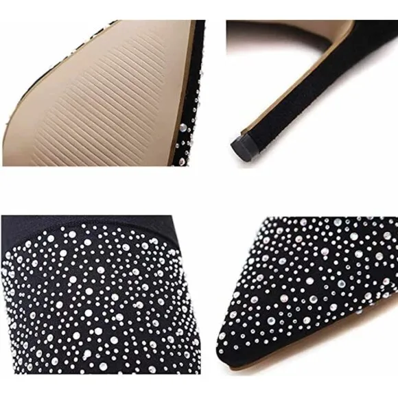 Crystal Rhinestone Bling Stocking Over Knee Boots Thigh High Heeled Sock Boots