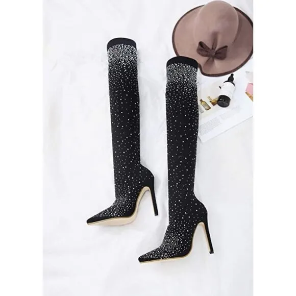 Crystal Rhinestone Bling Stocking Over Knee Boots Thigh High Heeled Sock Boots
