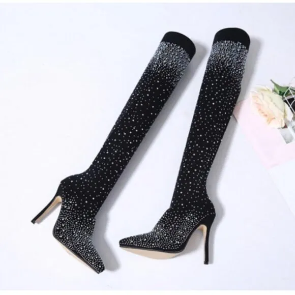 Crystal Rhinestone Bling Stocking Over Knee Boots Thigh High Heeled Sock Boots