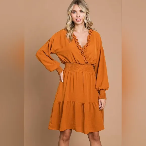Culture Code Full Size Frill Smocked Lantern Sleeve Mini Dress