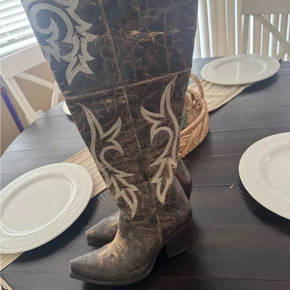 Dan post Brown Embroidered knee high Cowboy Boots
