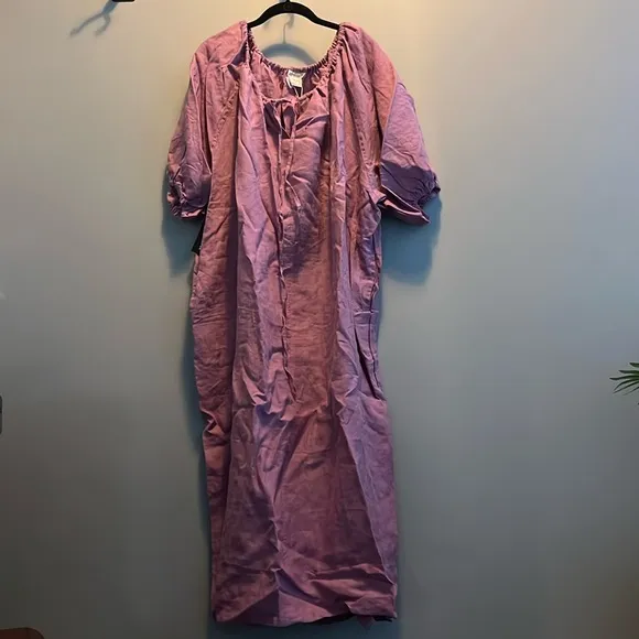 Deiji Studios The Blousy gathered washed-linen Midi Dress | NWT | M/L | Pink