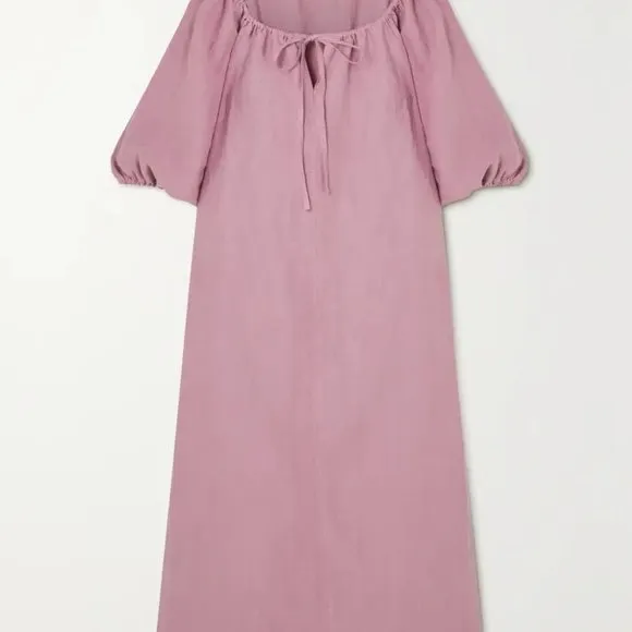 Deiji Studios The Blousy gathered washed-linen Midi Dress | NWT | M/L | Pink