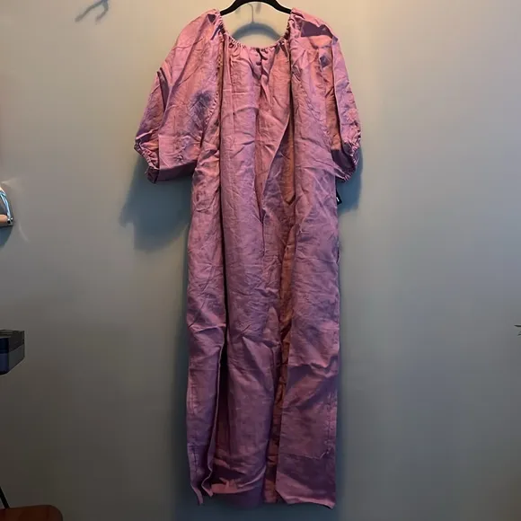 Deiji Studios The Blousy gathered washed-linen Midi Dress | NWT | M/L | Pink